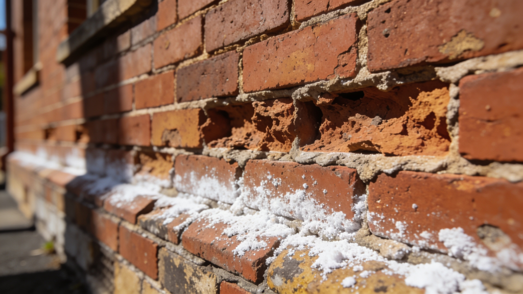 Older red brick wall showing fretting brick faces and white salt deposits along the lower courses