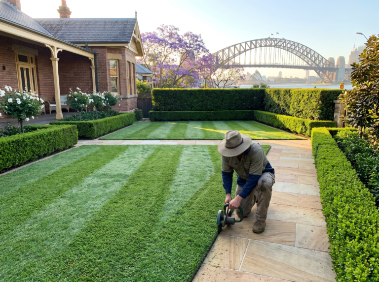 Manicured Sydney garden with striped lawn and trimmed hedges being edged