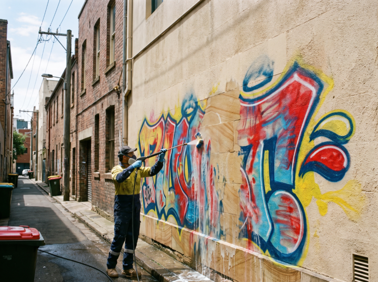 Spray paint graffiti being chemically removed from a rendered wall, half dissolved away