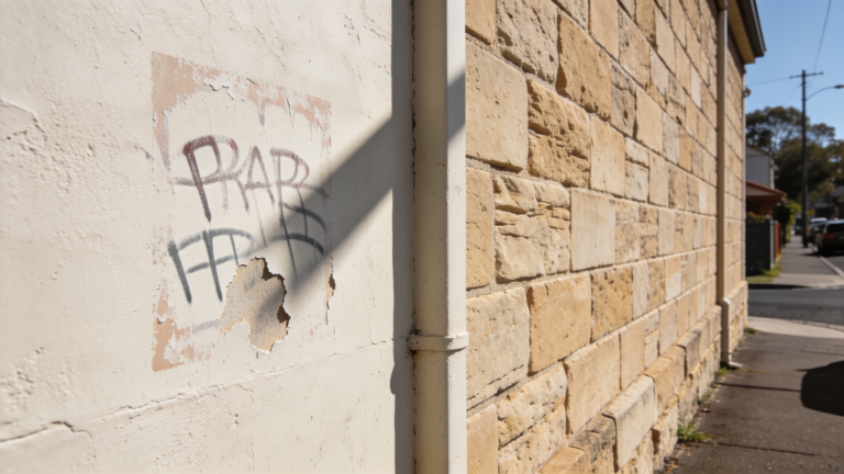A rendered and sandstone wall with faded remnants where spray paint was removed, showing shadowing