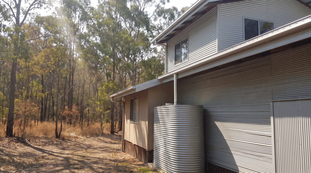 Clear leaf-free roof gutters on a two storey Hills District home beside eucalypt bushland and a rainwater tank