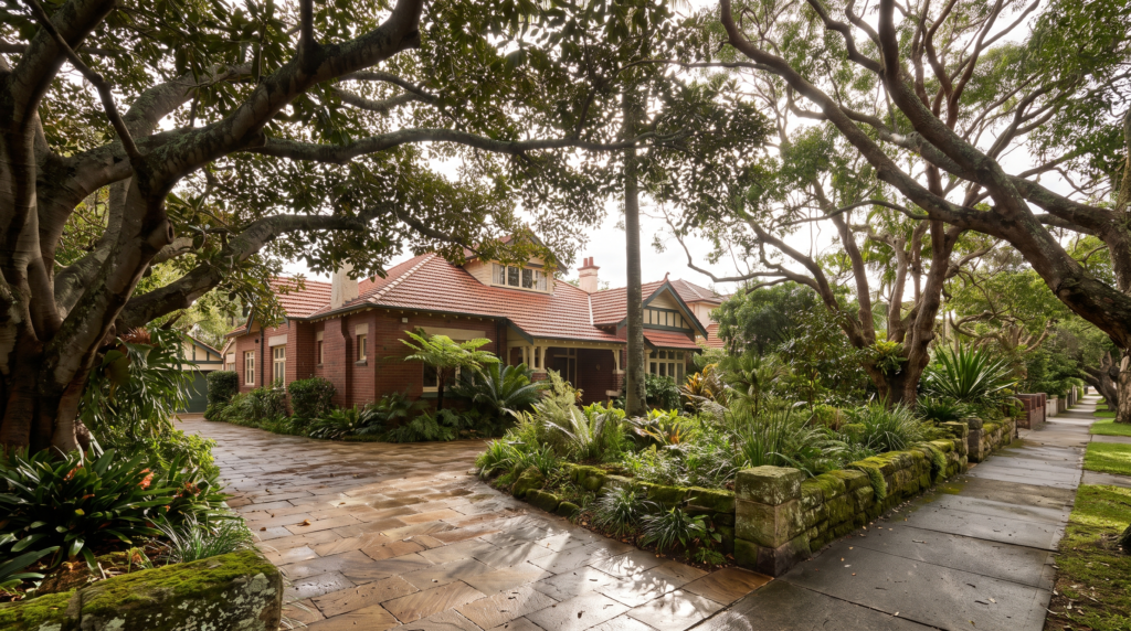 Leafy shaded North Shore Sydney street with a Federation home under mature fig canopy