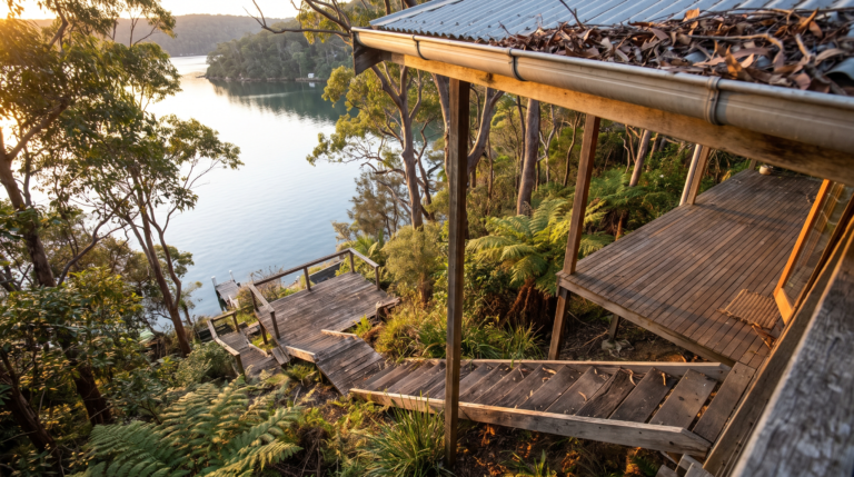 Steep Pittwater waterfront property at Bayview with timber deck and bushland behind