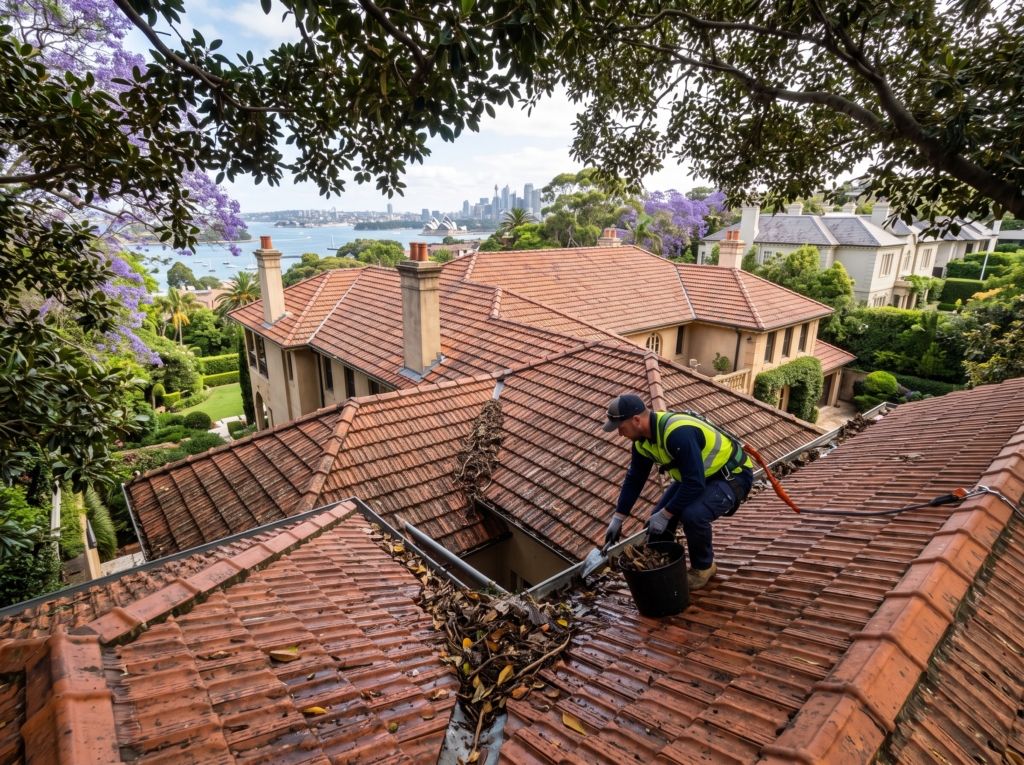 Clearing leaf-filled gutters on a large Bellevue Hill estate roofline under fig canopy