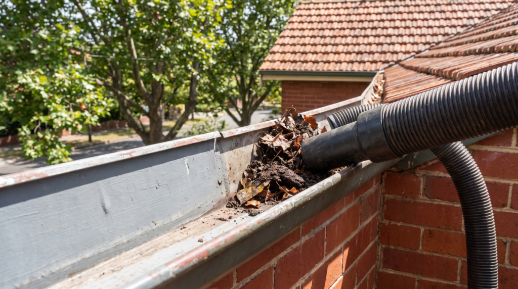 Gutter being cleared of debris and silt at a Bondi home