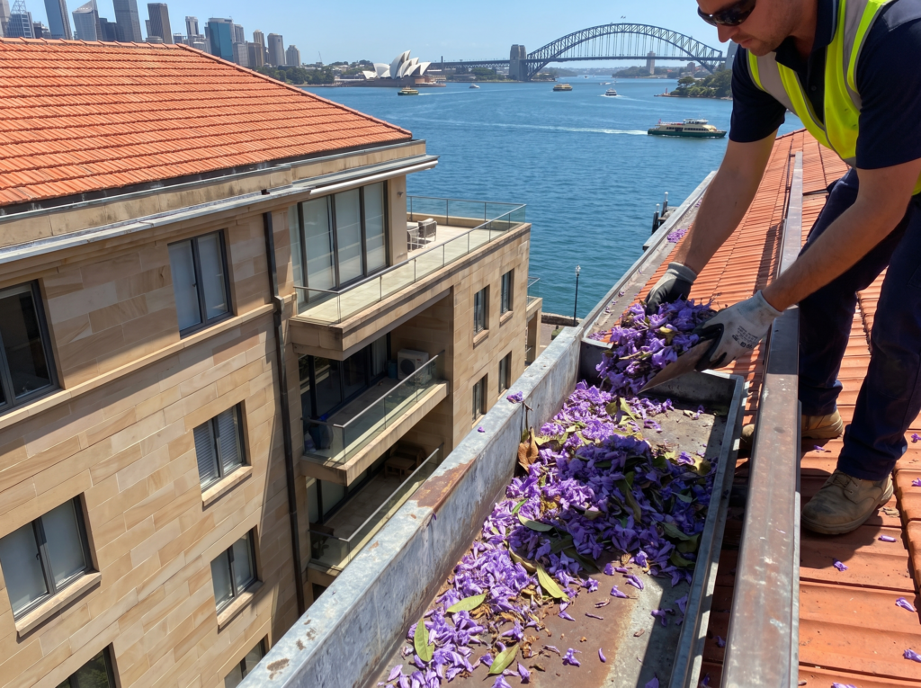 Clearing jacaranda litter from the box gutter of a prestige Darling Point apartment building