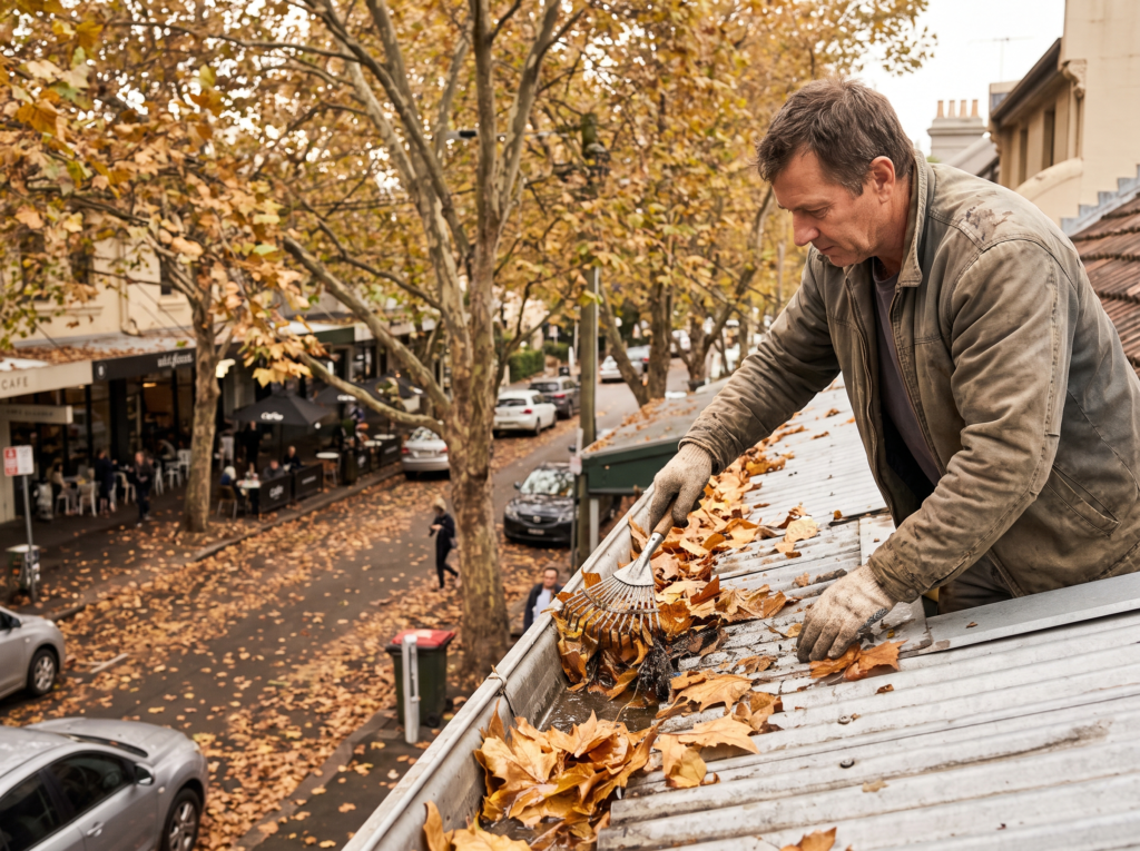 Clearing autumn plane tree leaves from the gutter of a Double Bay terrace