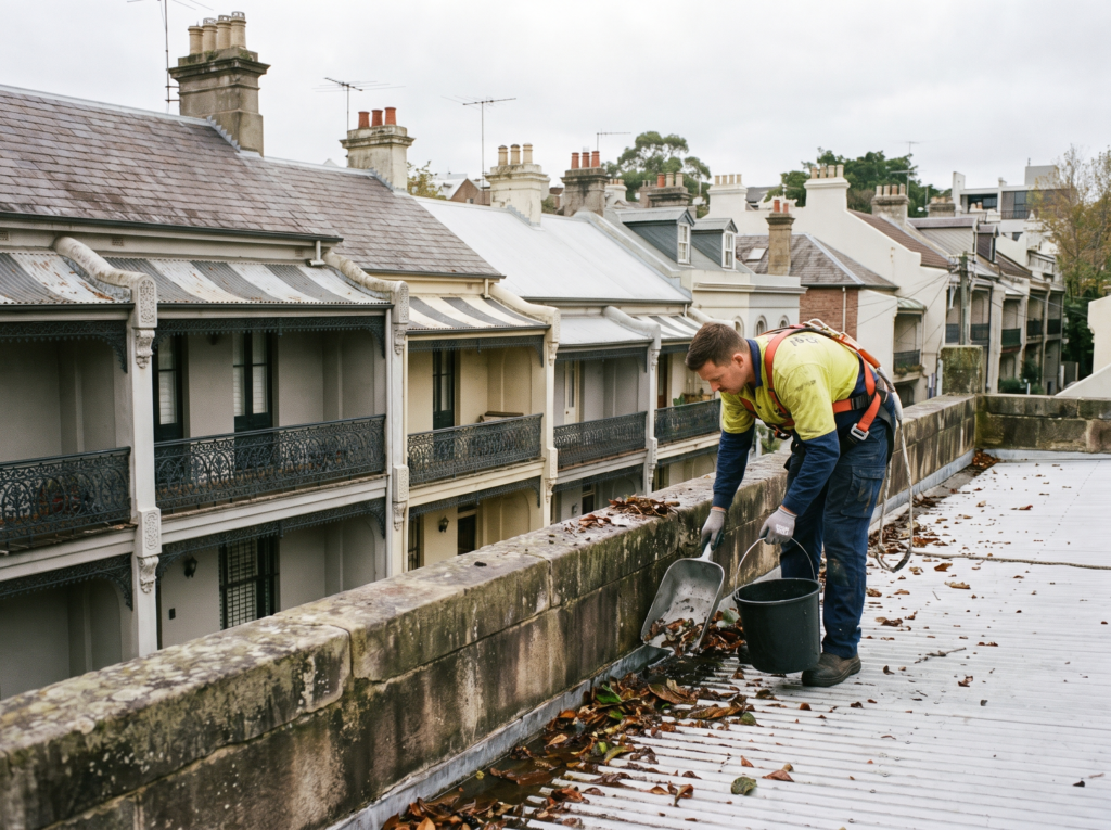 Professional clearing leaves from a box gutter behind a terrace parapet in Paddington