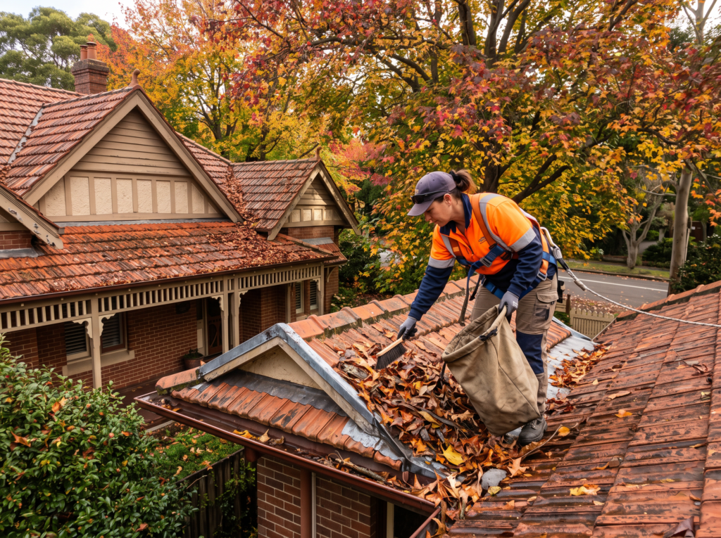 Clearing gum leaf litter from a roof valley under liquidambar canopy on the North Shore