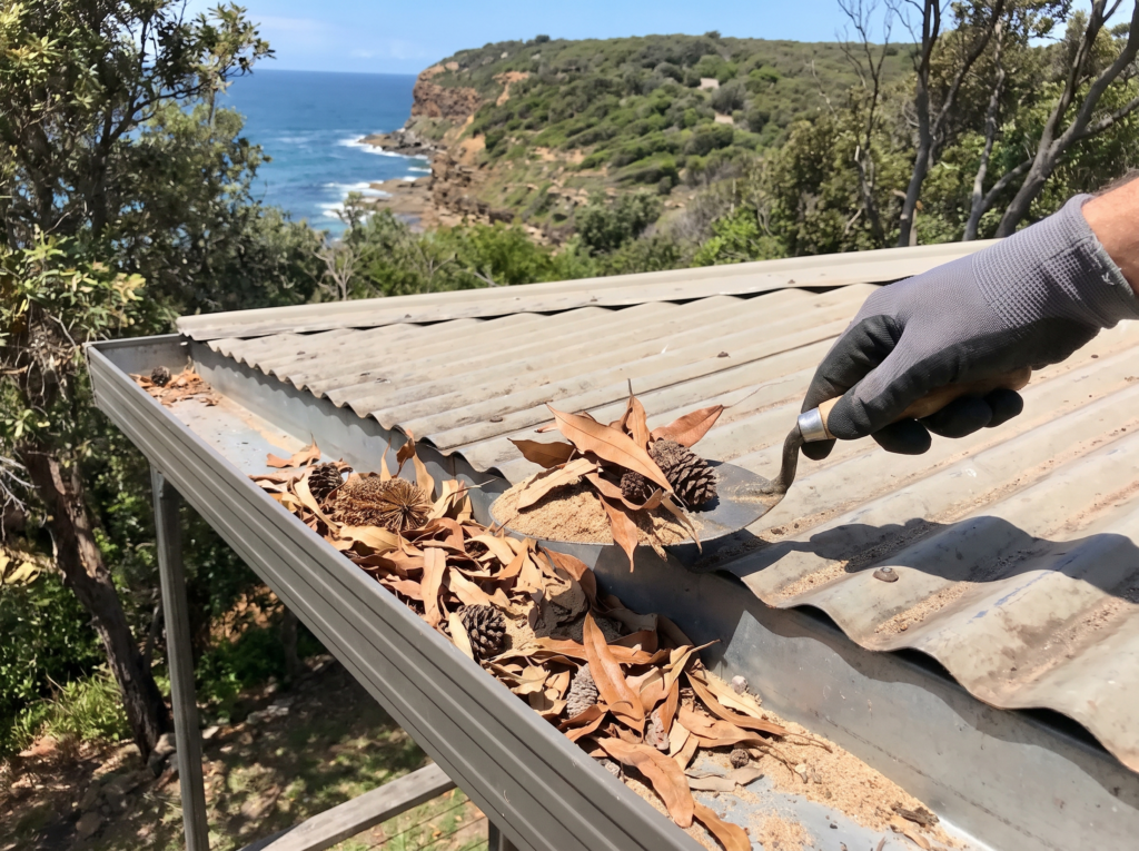 Gutter full of banksia litter and sand being hand-cleared on a coastal Colorbond roof