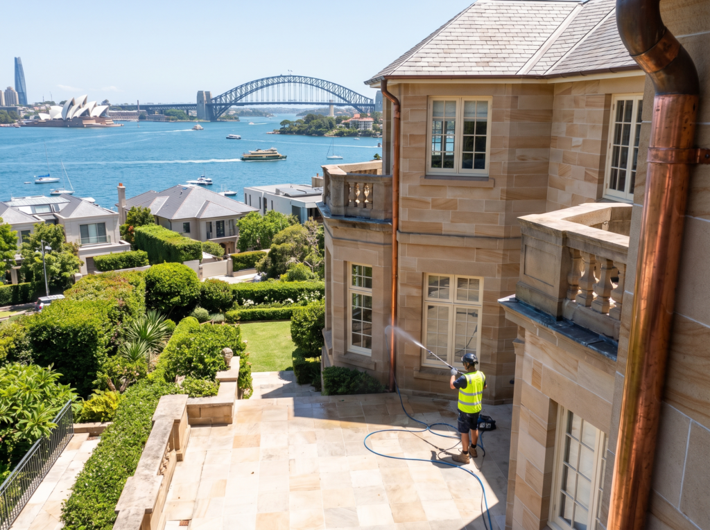 Professional clearing and flushing the downpipe of a grand Point Piper harbourfront home