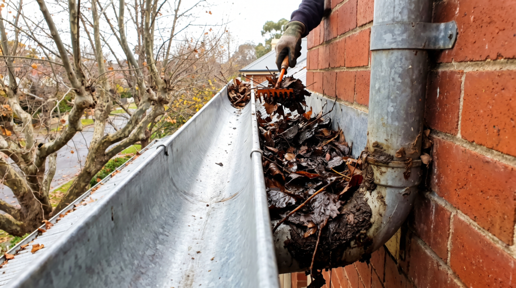 Gutter being cleared of heavy street tree leaf load at a Randwick home