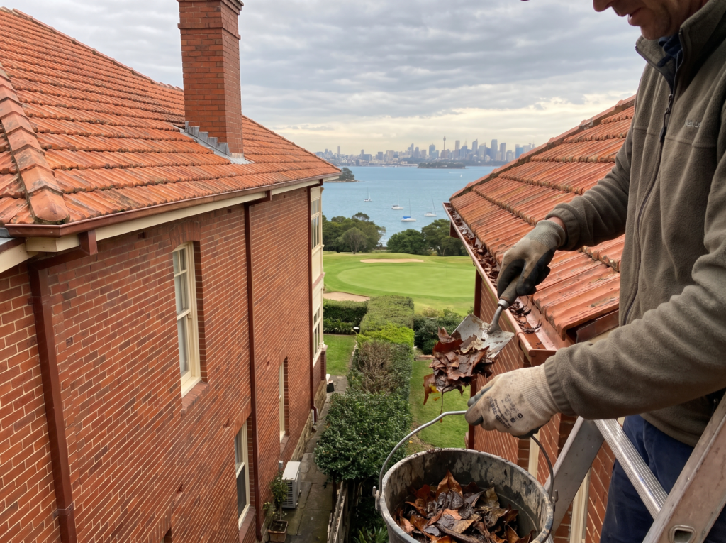 Clearing leaf debris from the gutter of a Federation home in Rose Bay with bay behind