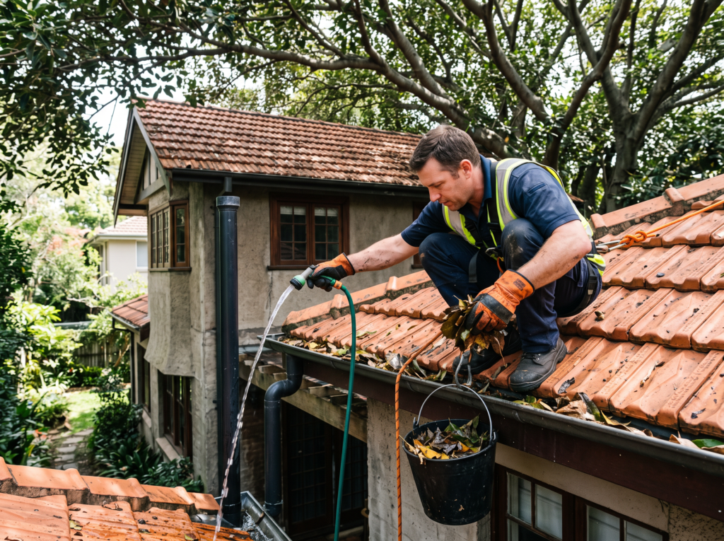 Professional hand-clearing leaves from a gutter and flow-testing a downpipe on a Sydney home