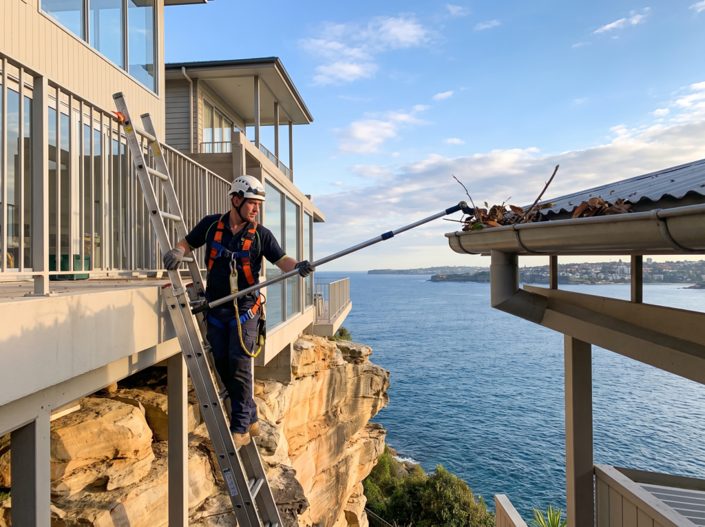 Professional in safety harness clearing gutters of a Vaucluse clifftop home with ocean behind