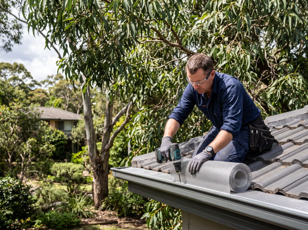 Aluminium gutter guard mesh installed along a Colorbond gutter under gum canopy