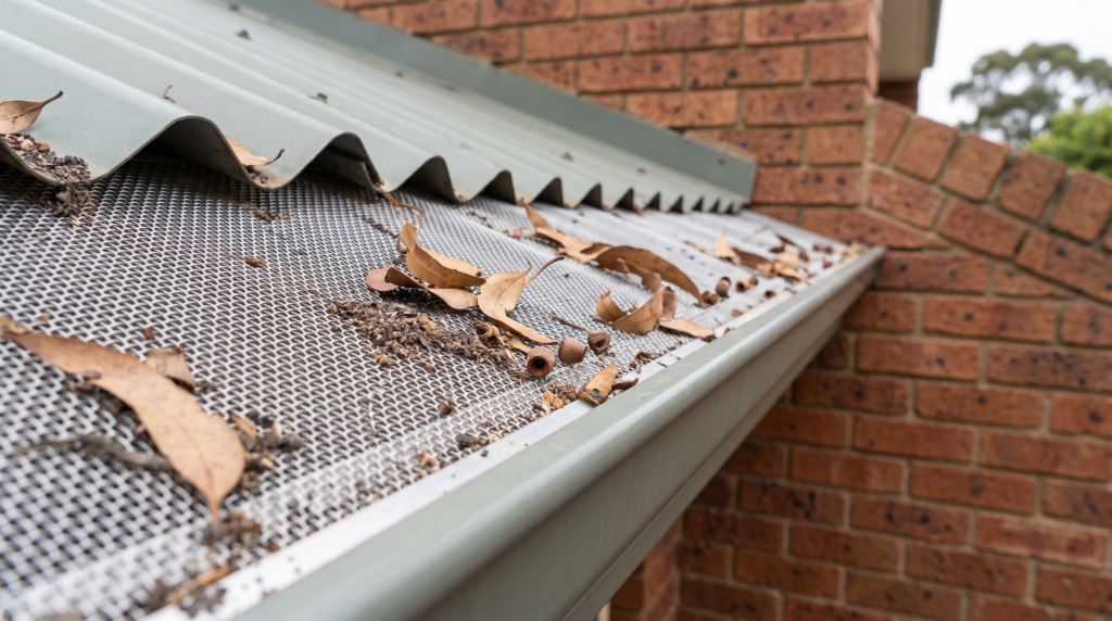 Aluminium mesh gutter guard fitted along the gutter line of a Sydney home, with dry eucalyptus leaves and gum nuts resting on top of the mesh