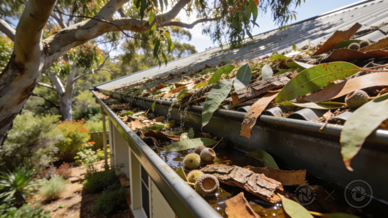 Gutters on a leafy home overflowing with eucalypt leaves, bark strips and gumnuts
