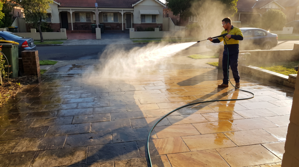 High pressure cleaning of a paved Sydney driveway — The Prestige Standard