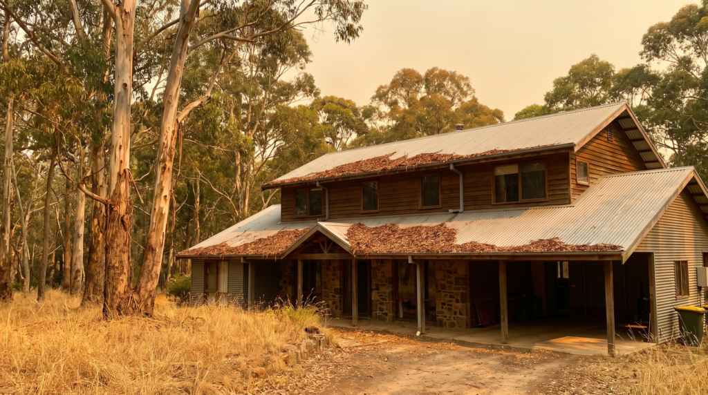 Large Hills District acreage home surrounded by tall eucalyptus gum trees with dry leaf litter packed into the roof gutters