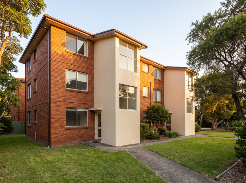 1960s walk-up unit block in Hillsdale with freshly washed brick and rendered stairwells
