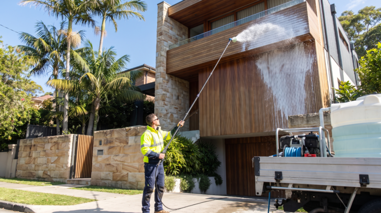 Professional exterior cleaner soft washing the facade of a modern Sydney home with low pressure foam