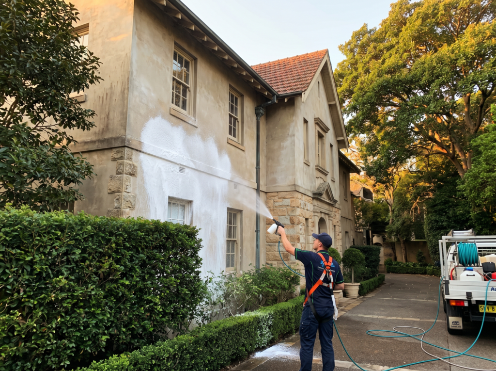 Technician soft washing the rendered facade of a grand Bellevue Hill estate home