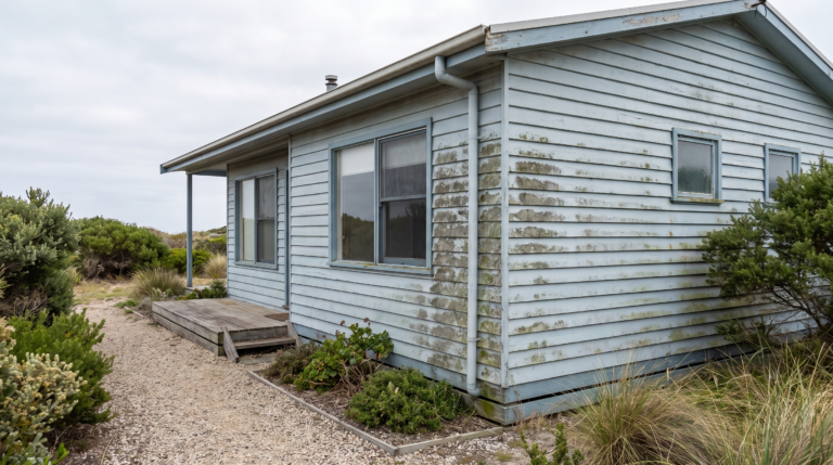 Painted weatherboard beach house wall with mould and algae staining on the shaded side, Curl Curl