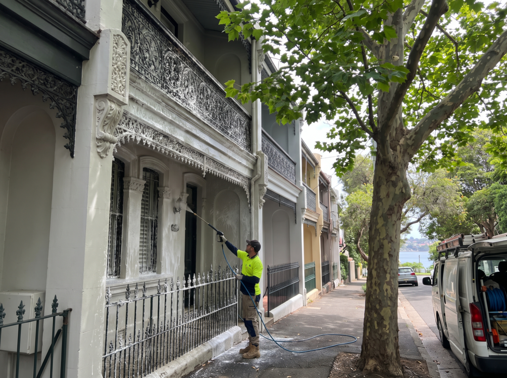 Technician soft washing a painted Victorian terrace facade in Double Bay under plane tree shade