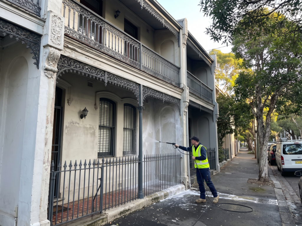 Technician soft washing the rendered facade of a Paddington terrace with iron balcony