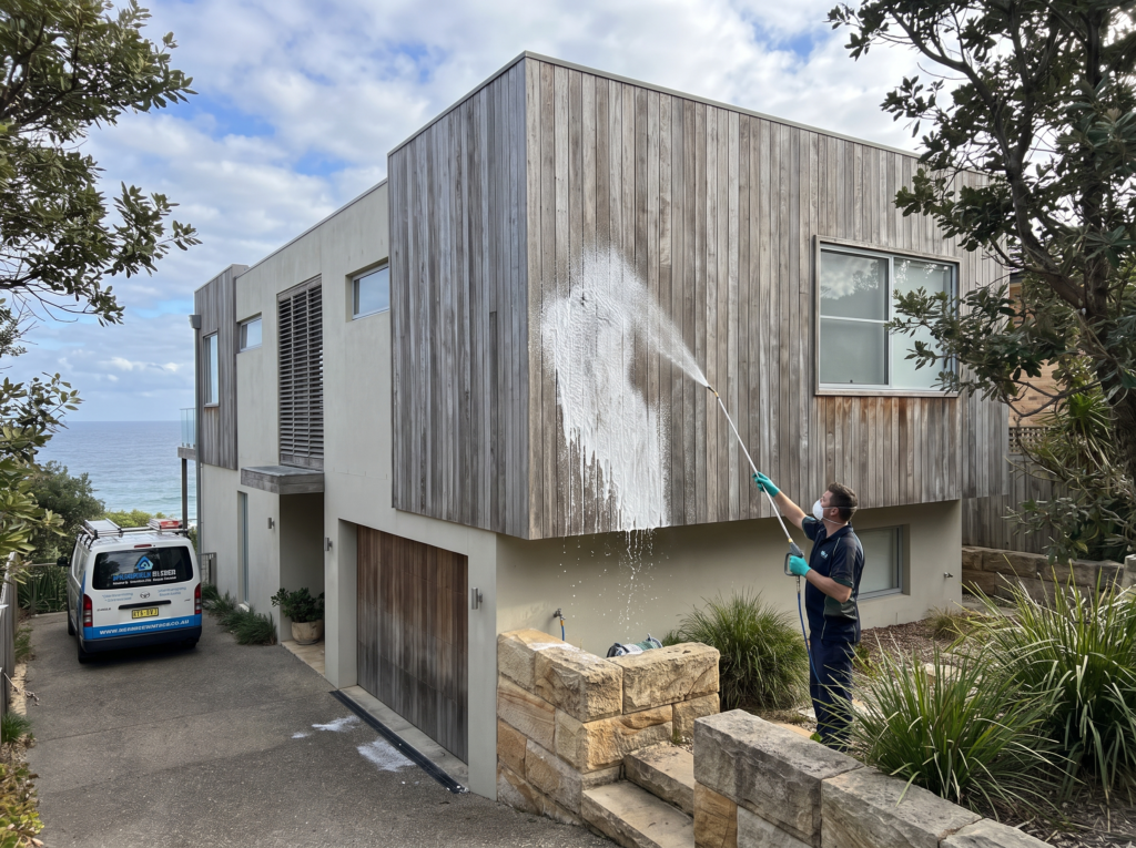 Technician soft washing a timber and render beach house with spotted gum cladding
