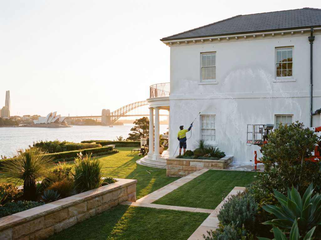 Technician soft washing the rendered facade of a large Point Piper harbourfront mansion