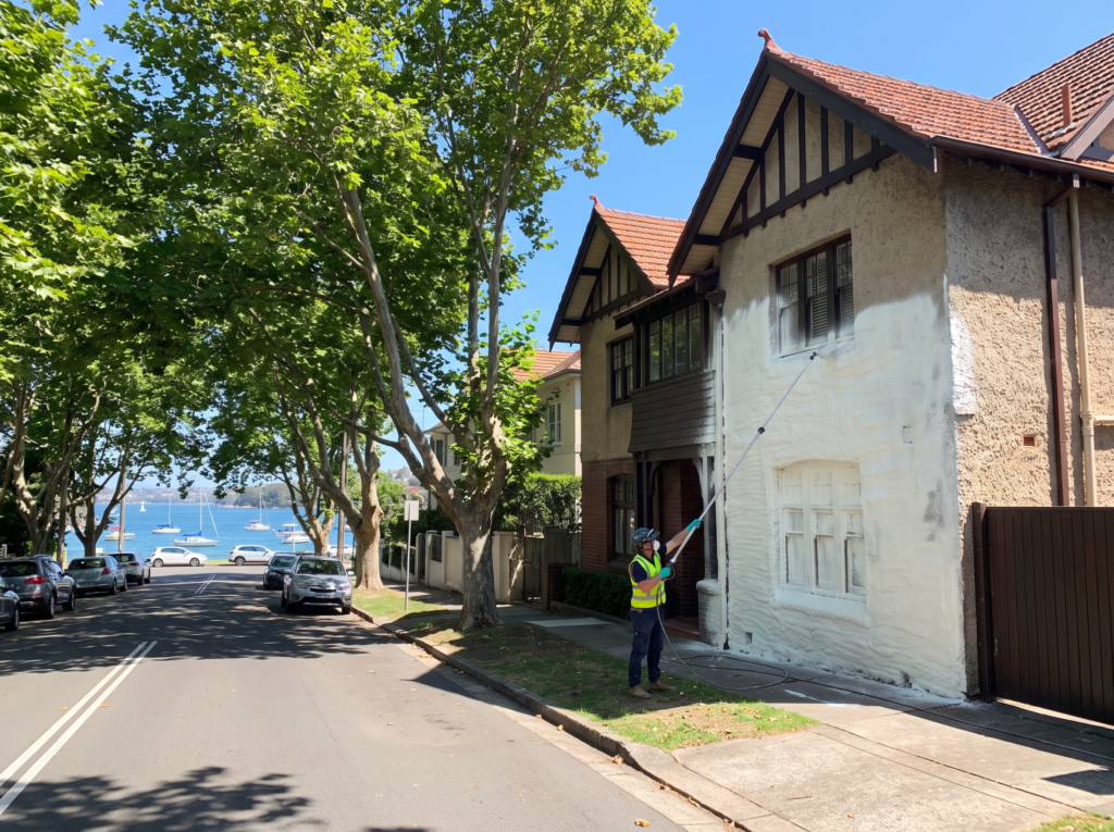 Technician soft washing a Federation rough-cast render home in Rose Bay