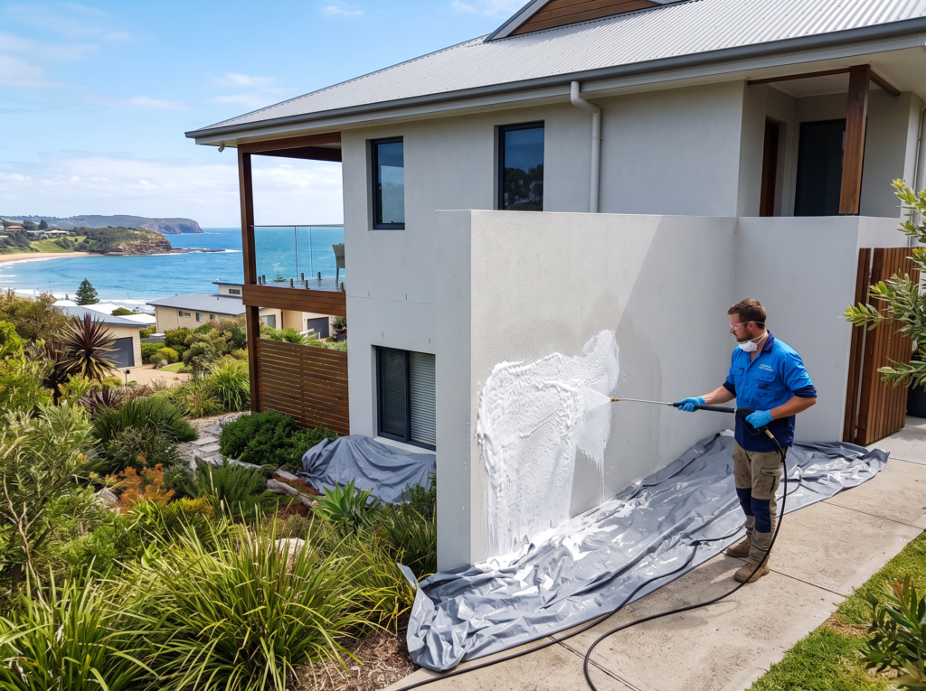 Technician soft washing a rendered coastal home facade with garden beds protected