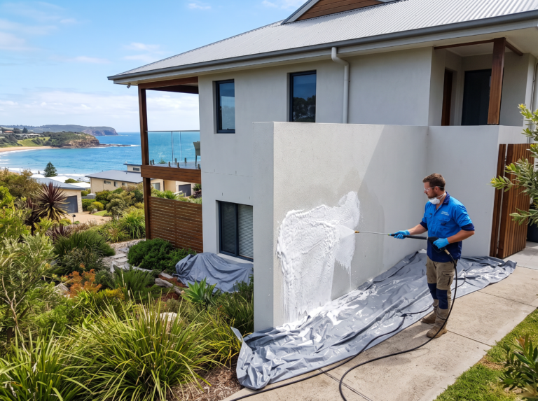 Technician soft washing a rendered coastal home facade with garden beds protected