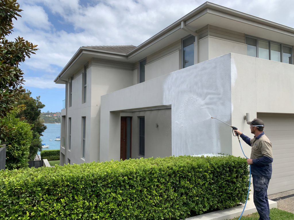 Technician soft washing the white rendered facade of a luxury Vaucluse home