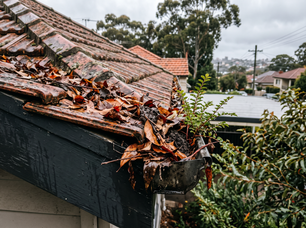 Gutter overflowing with autumn leaves and a plant sprouting from the gutter line