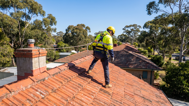 Roof technician in safety harness working carefully on terracotta tile roof of an Australian home