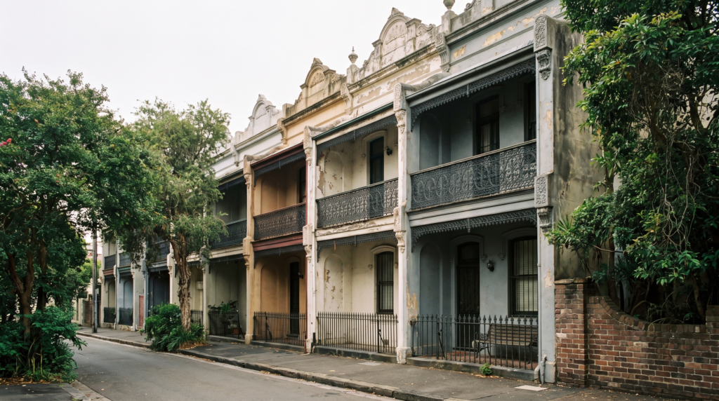 Row of Victorian terrace houses in inner Sydney with iron lacework balconies and a concealed box gutter running behind the parapet roofline