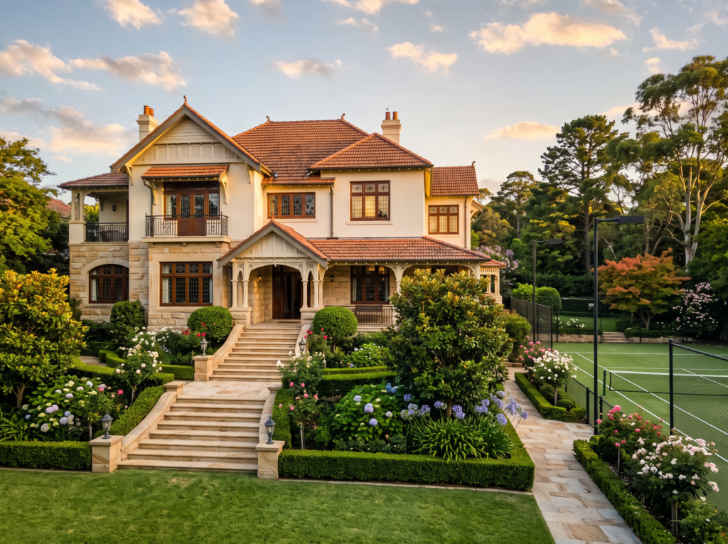 Grand heritage home in Killara with sandstone entry steps and formal gardens