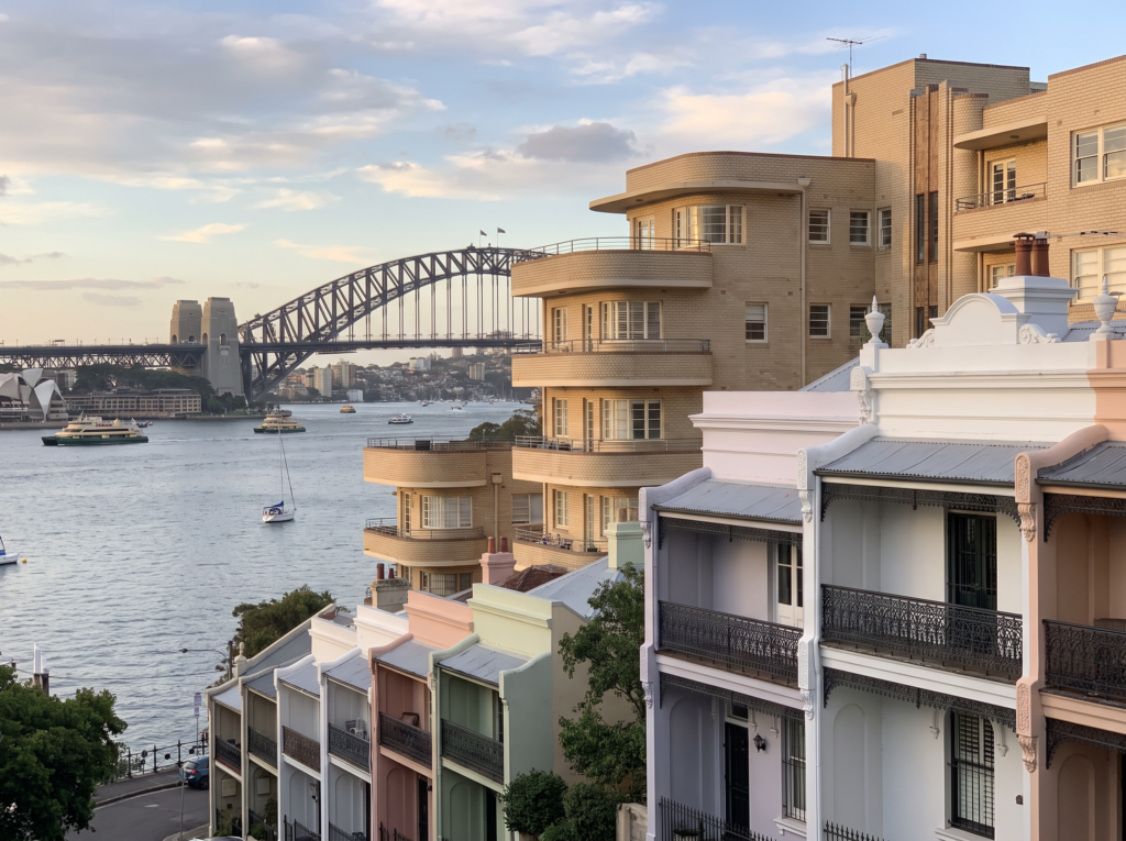 Harbourfront Victorian terraces and deco apartments in Kirribilli with the Sydney Harbour Bridge behind