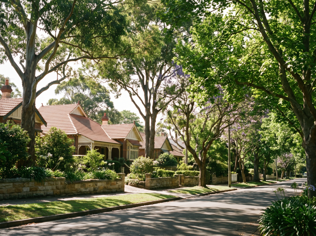 Leafy Ku-ring-gai street with grand Federation homes under heavy tree canopy and clean roofs