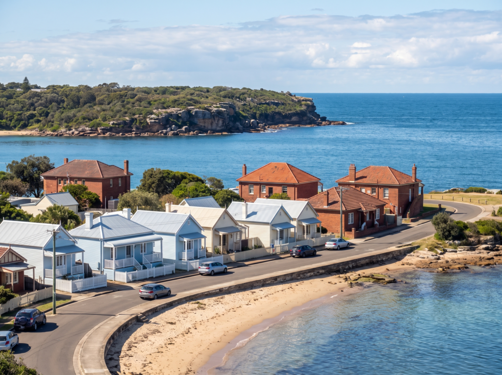 Weatherboard cottages and brick homes facing Botany Bay at La Perouse