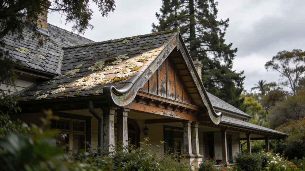 Slate roof on a Federation era home with lichen across the shaded slope and ogee gutter