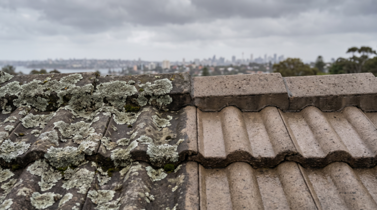 Grey-green lichen colonies on concrete roof tiles, half cleaned and half untreated