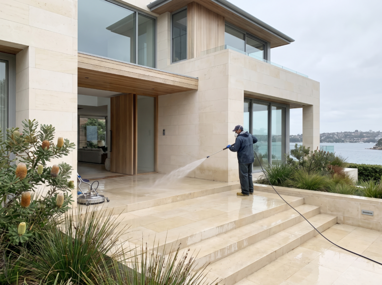Pale limestone facade and front steps of a Vaucluse home being gently rinsed