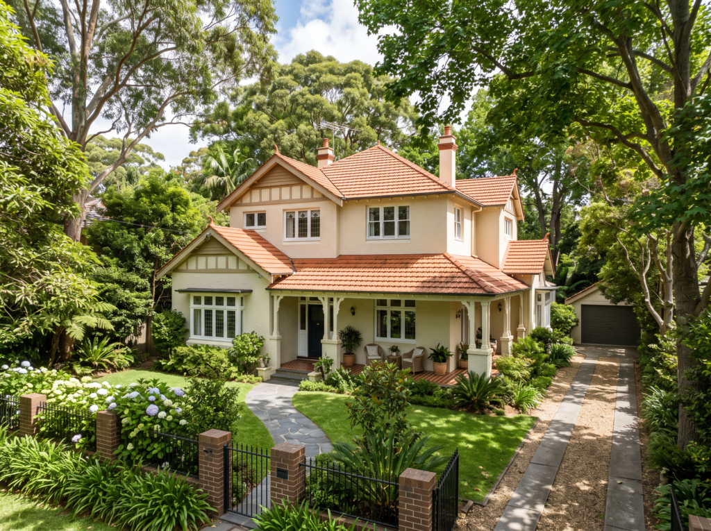 Large Federation home on a generous Lindfield block under dense canopy with clean render and roof