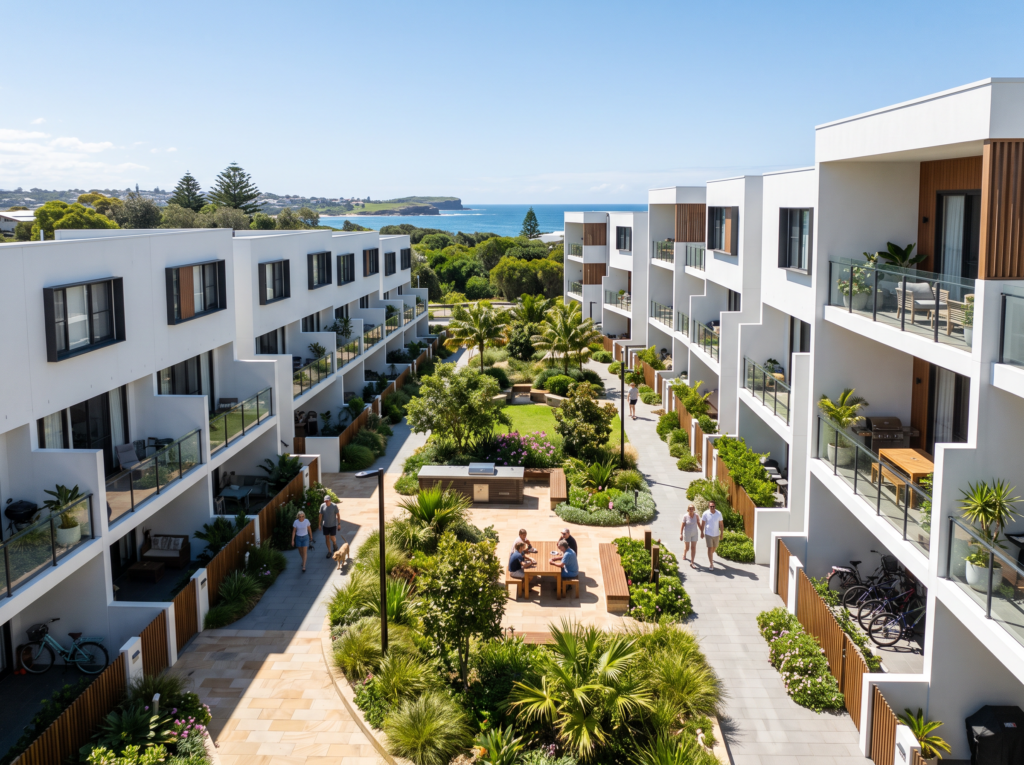Modern master-planned townhouse complex in Little Bay with clean white render facades
