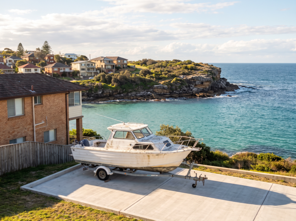 Family homes around Long Bay at Malabar with a boat on a clean concrete hardstand