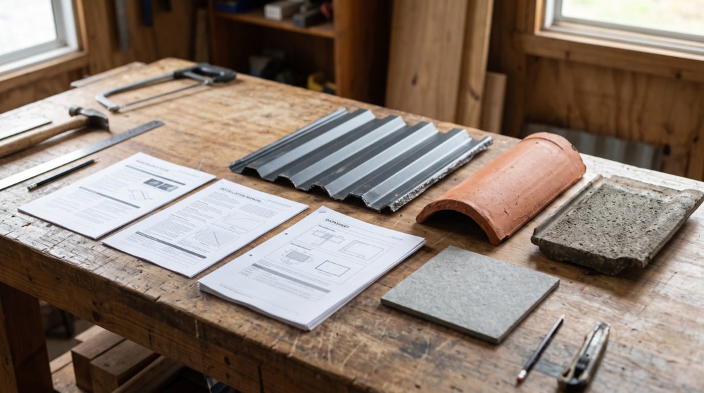 Printed manufacturer maintenance datasheets on a workbench beside samples of coated steel roof sheet, terracotta and concrete roof tiles and fibre cement cladding